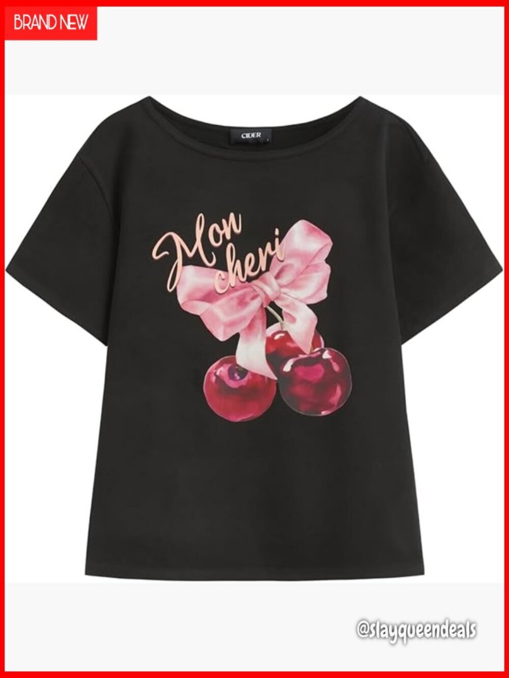 Oversized Short Sleeve T-Shirt with Cherry Graphic, Boat Neck, Loose Fit